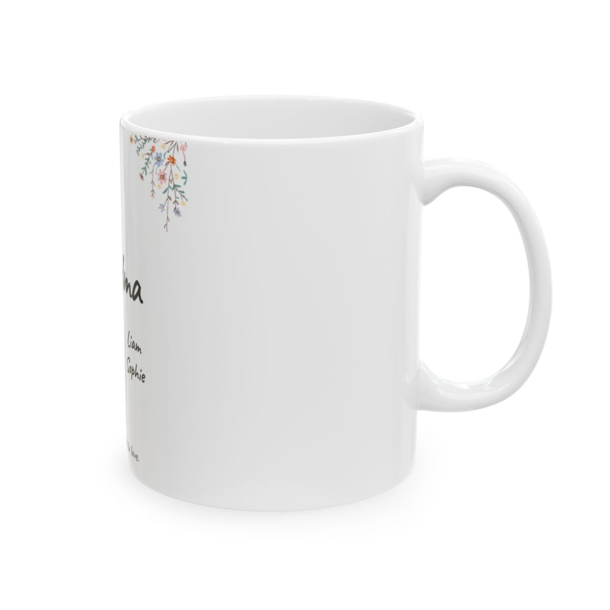 Wildflower mug seen from the right, with the C-handle and glossy white ceramic