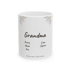 White ceramic mug printed with a wildflower spray, the name Grandma, and the grandchildren's names listed underneath