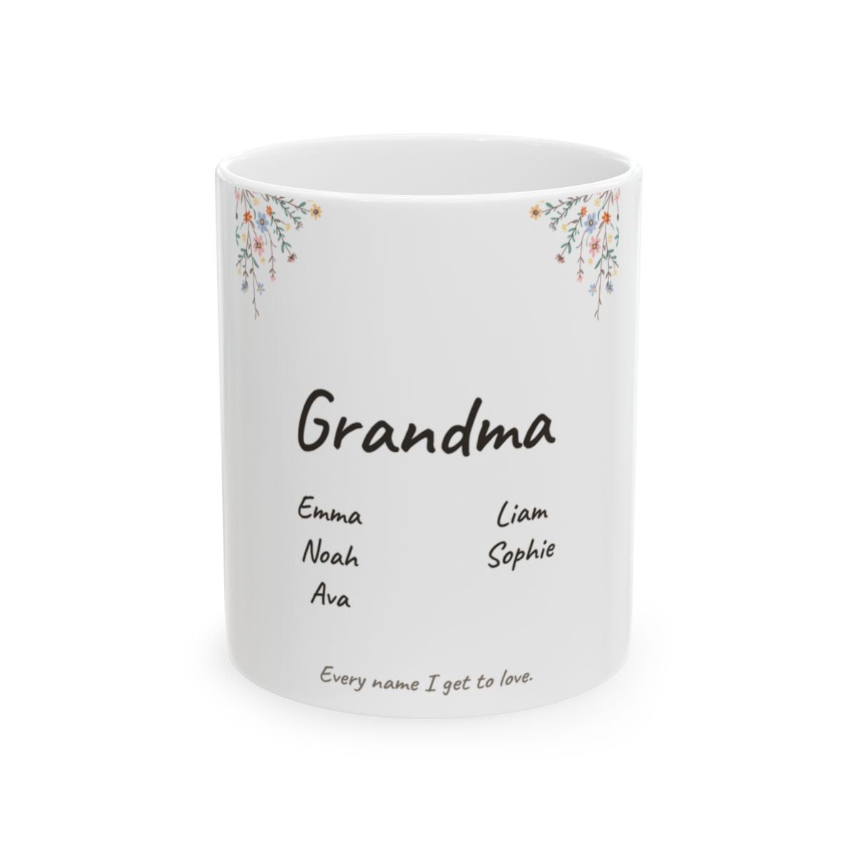White ceramic mug printed with a wildflower spray, the name Grandma, and the grandchildren's names listed underneath