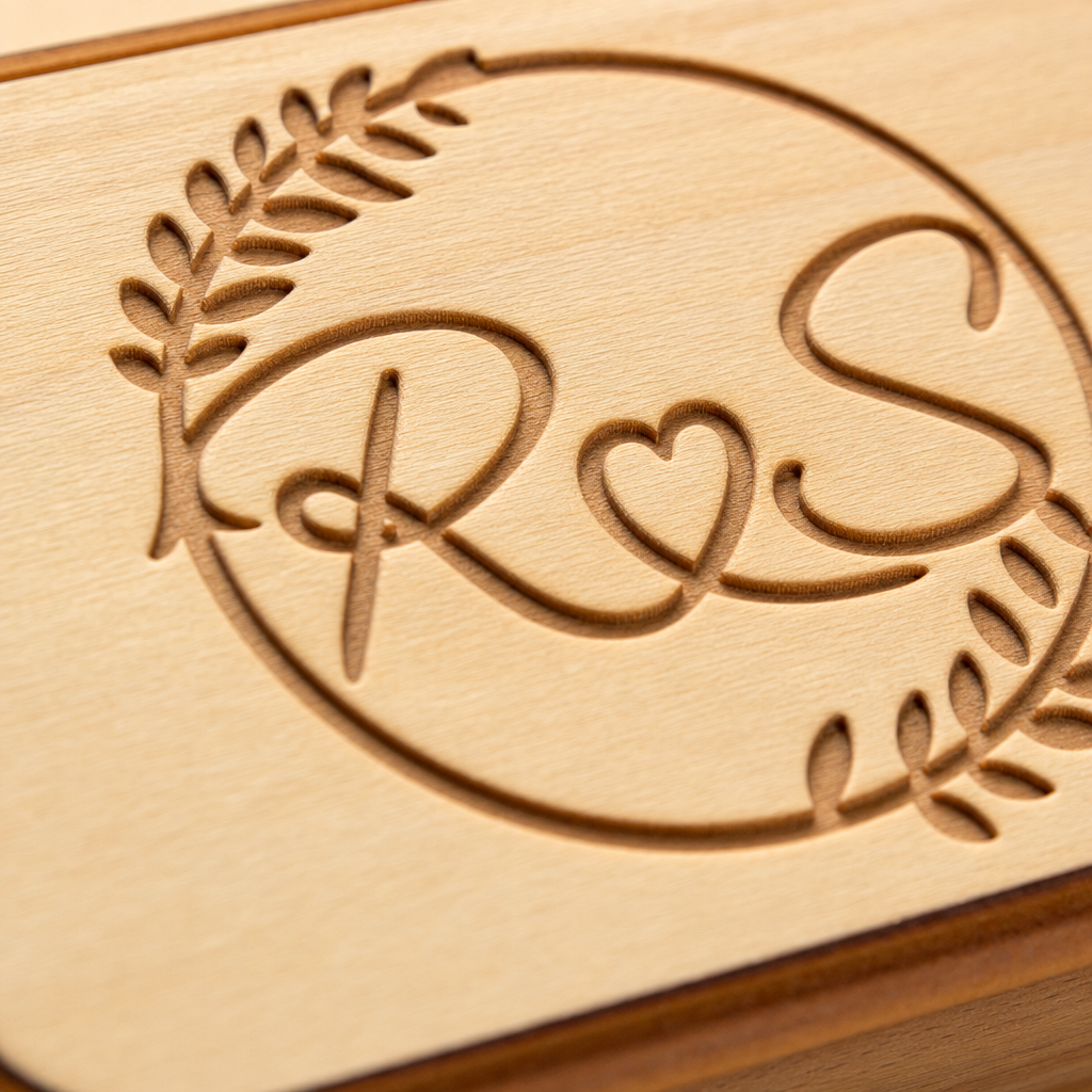 Engraved wood keepsake box close-up detail