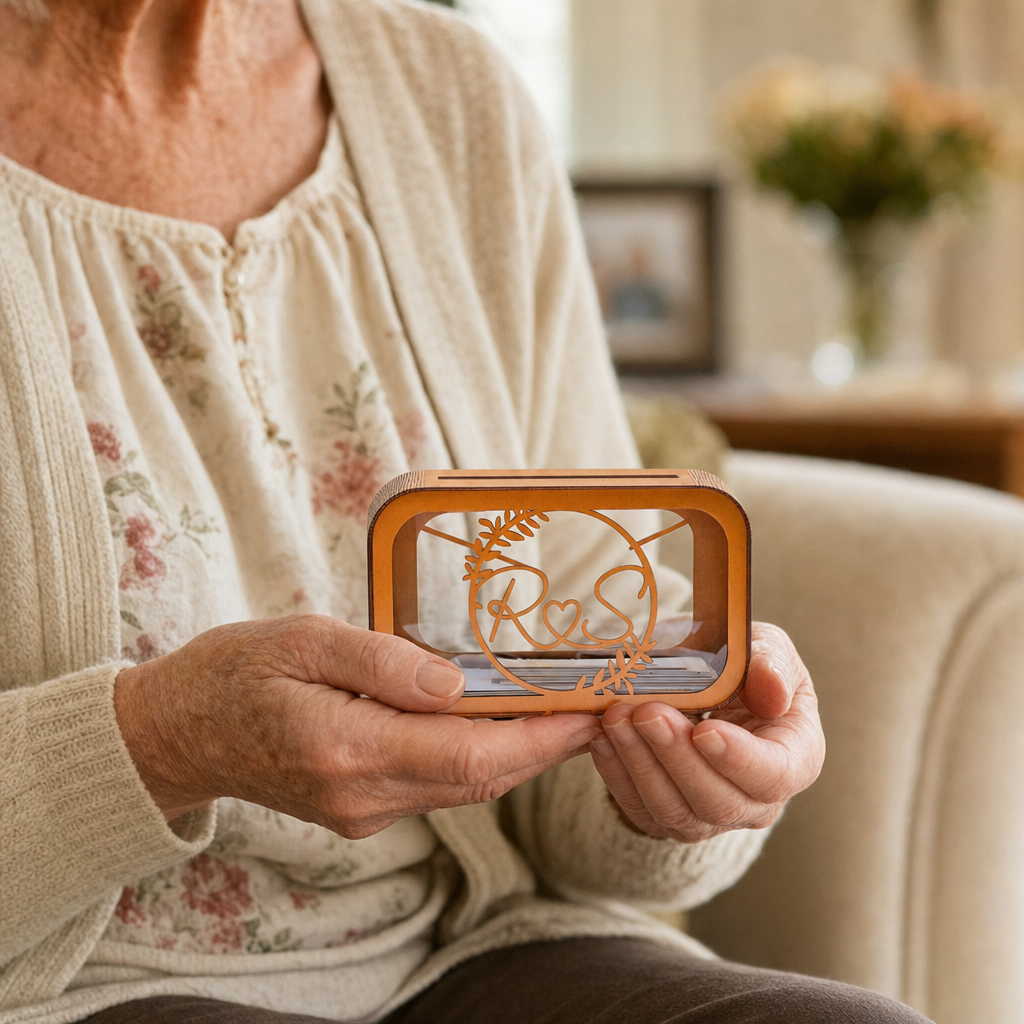 Hands holding personalized keepsake box scale