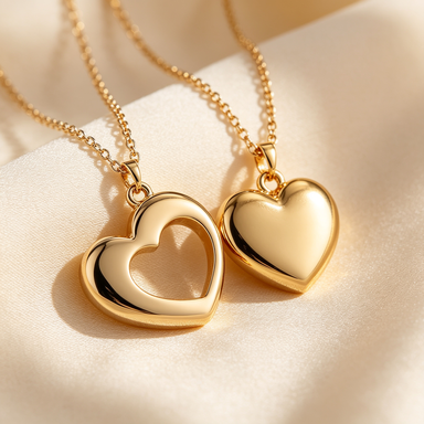 Close-up of the interlocking gold heart pendants and fine chain links