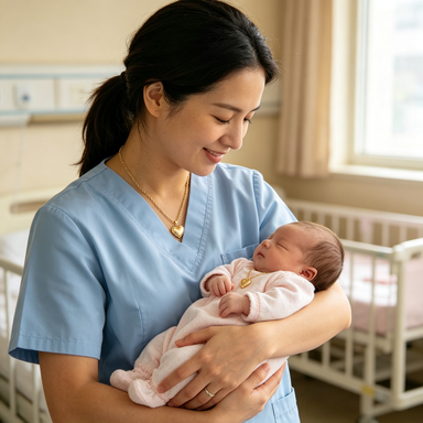 Nurse holding a newborn, both wearing the matching heart pendant necklaces