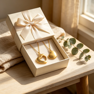 Matching heart necklace set in an open gift box tied with a satin ribbon