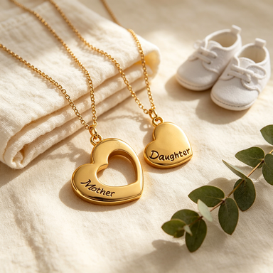 Matching gold heart pendant necklace set on cream linen with baby shoes and eucalyptus