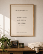 Personalized family dates wall art in Heirloom, framed in oak on a living room wall