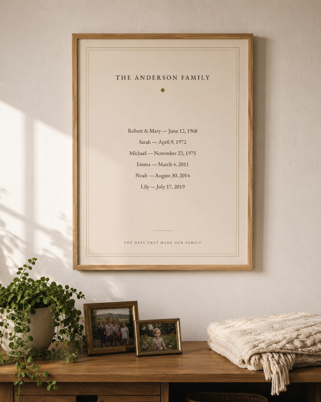 Personalized family dates wall art in Heirloom, framed in oak on a living room wall