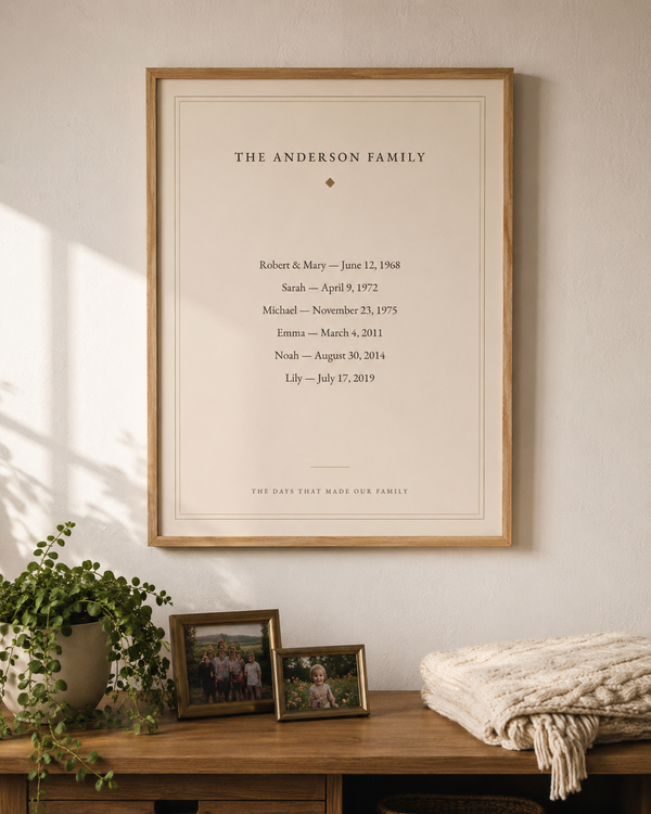 Personalized family dates wall art in Heirloom, framed in oak on a living room wall