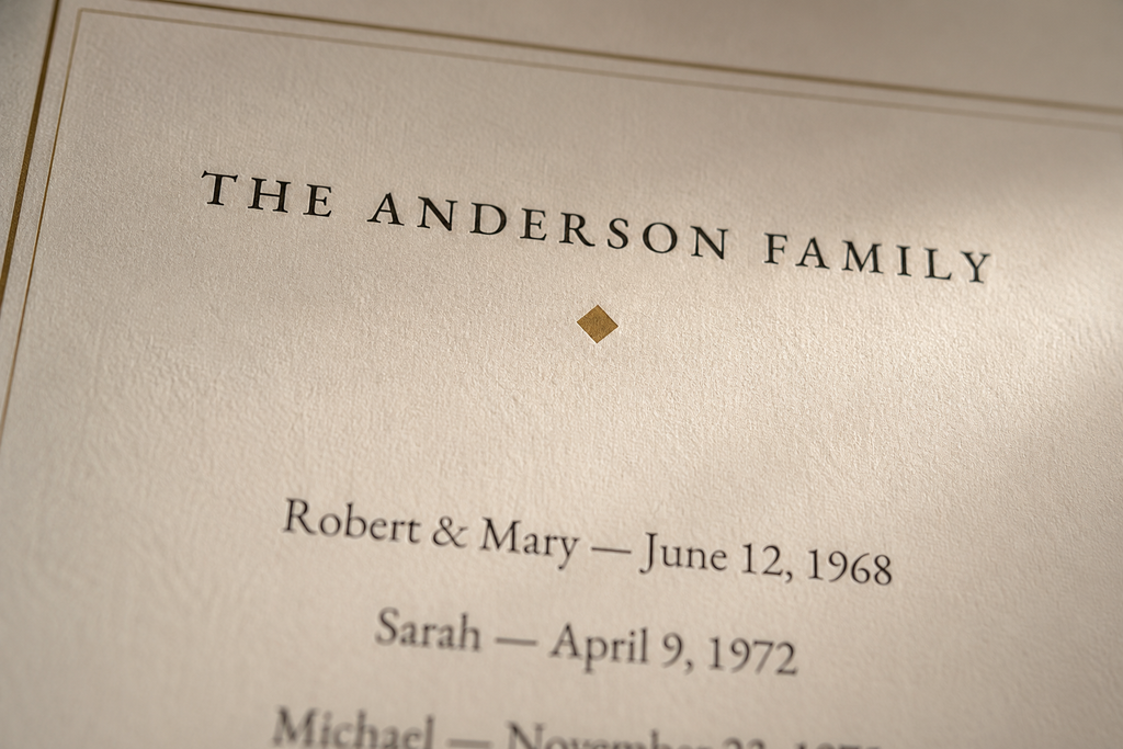 Close-up of the Heirloom print showing names and dates on matte archival paper