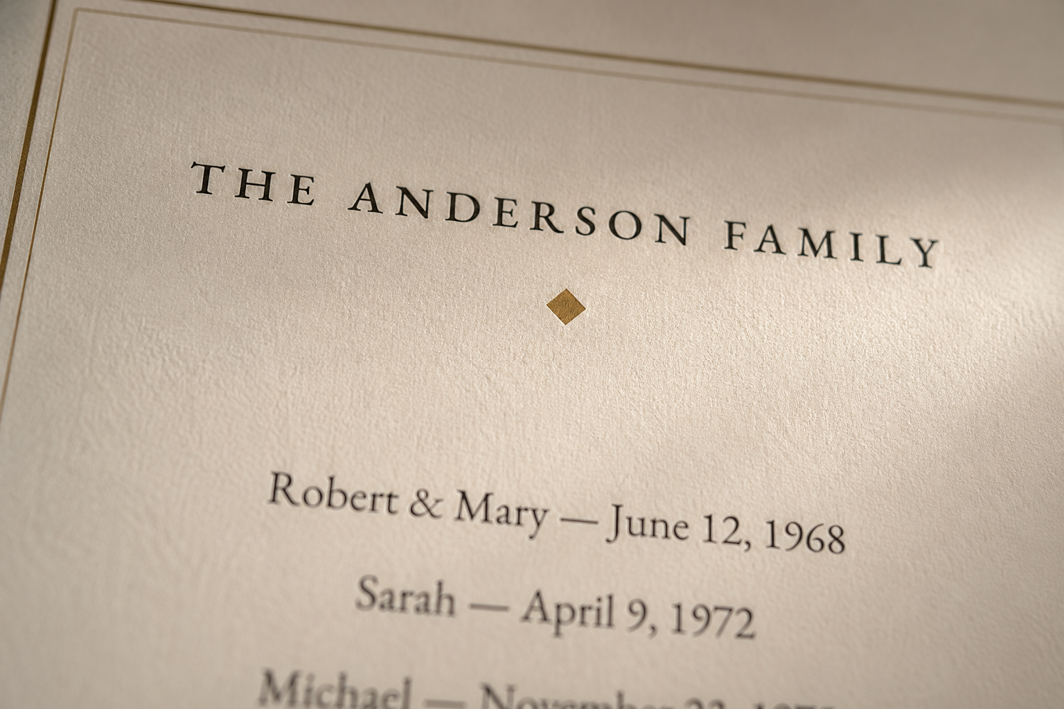 Close-up of the Heirloom print showing names and dates on matte archival paper