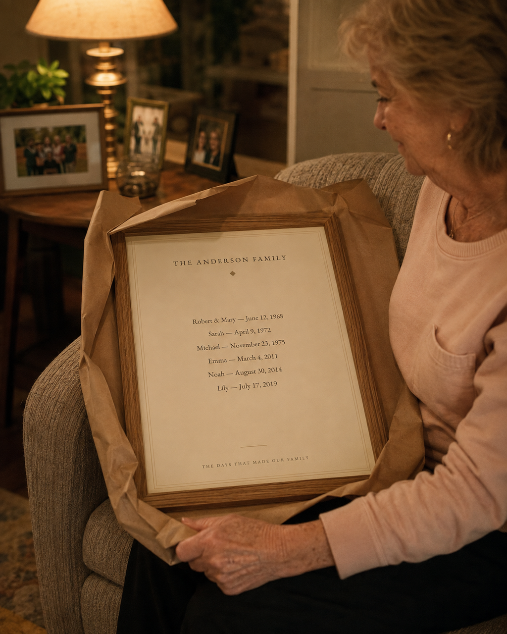 A woman in her seventies unwrapping the framed family dates print as a gift