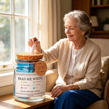 Grandmother taking a note from scripture blessing jar