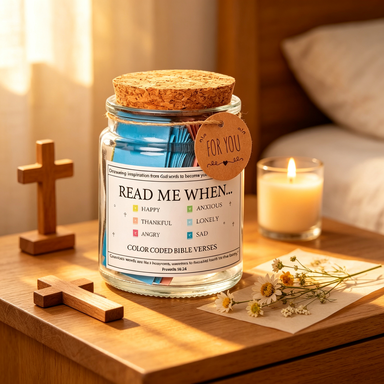 Scripture blessing jar on bedside table with cross and candle