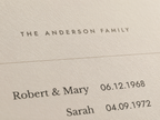 Close-up of the Ledger print showing names and dates on matte archival paper