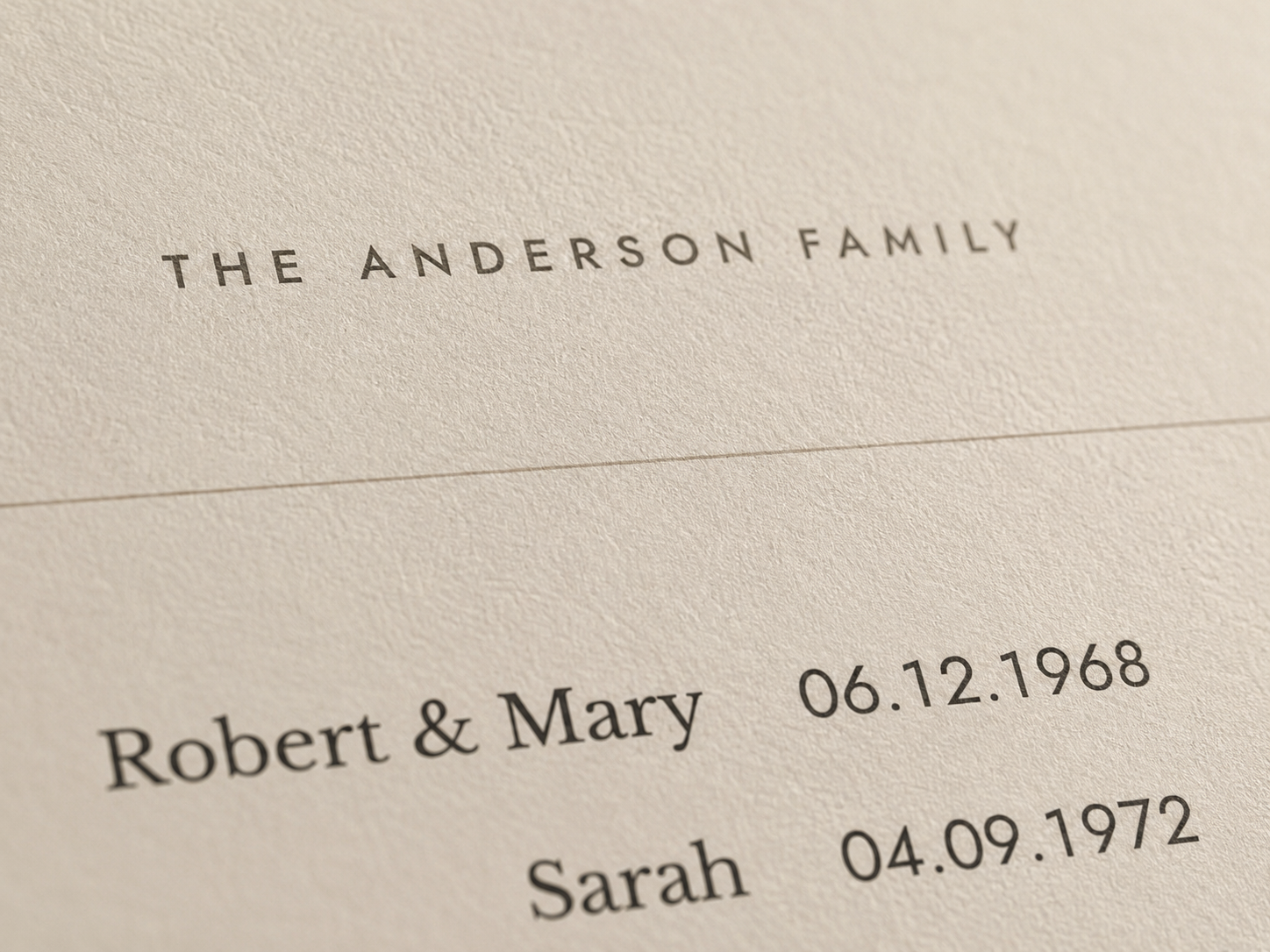 Close-up of the Ledger print showing names and dates on matte archival paper