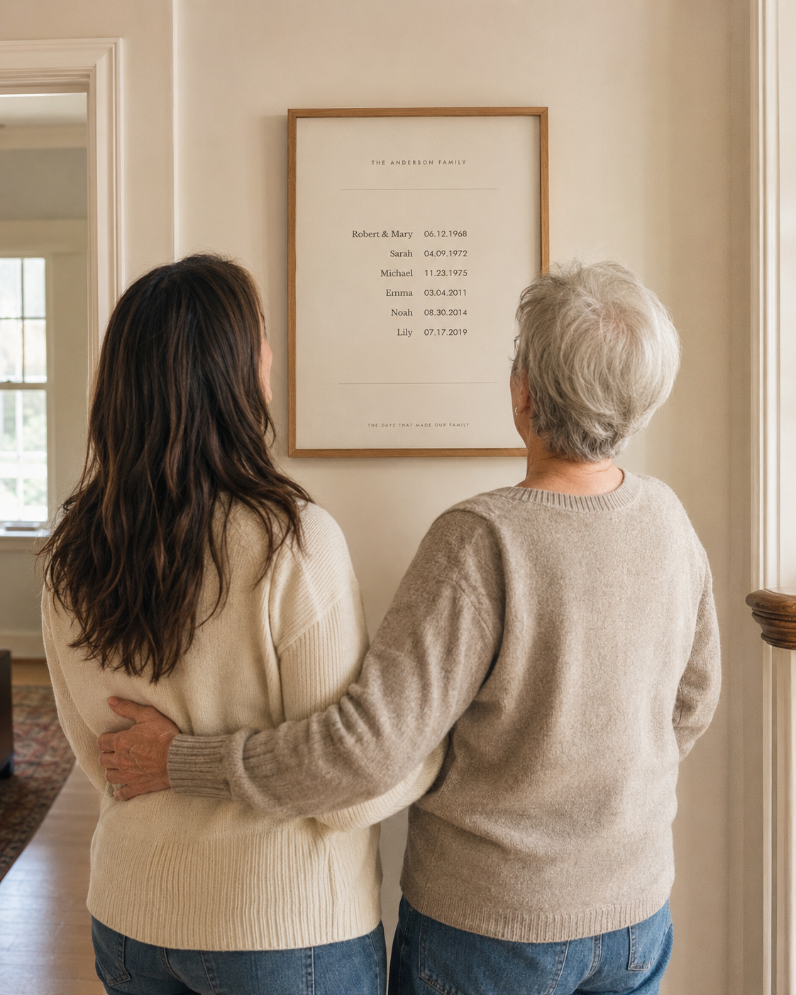 A mother and daughter looking at their newly hung family dates print