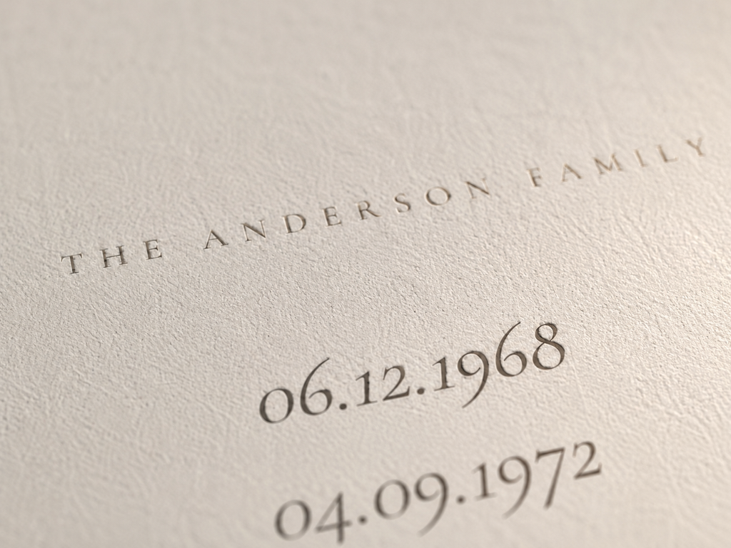 Close-up of the Linen print showing the family surname and dates on matte archival paper