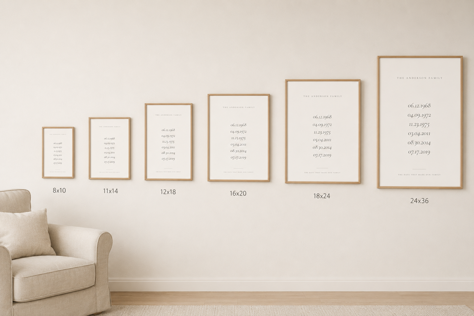 Six sizes compared on one wall: 8x10, 11x14, 12x18, 16x20, 18x24 and 24x36 inches