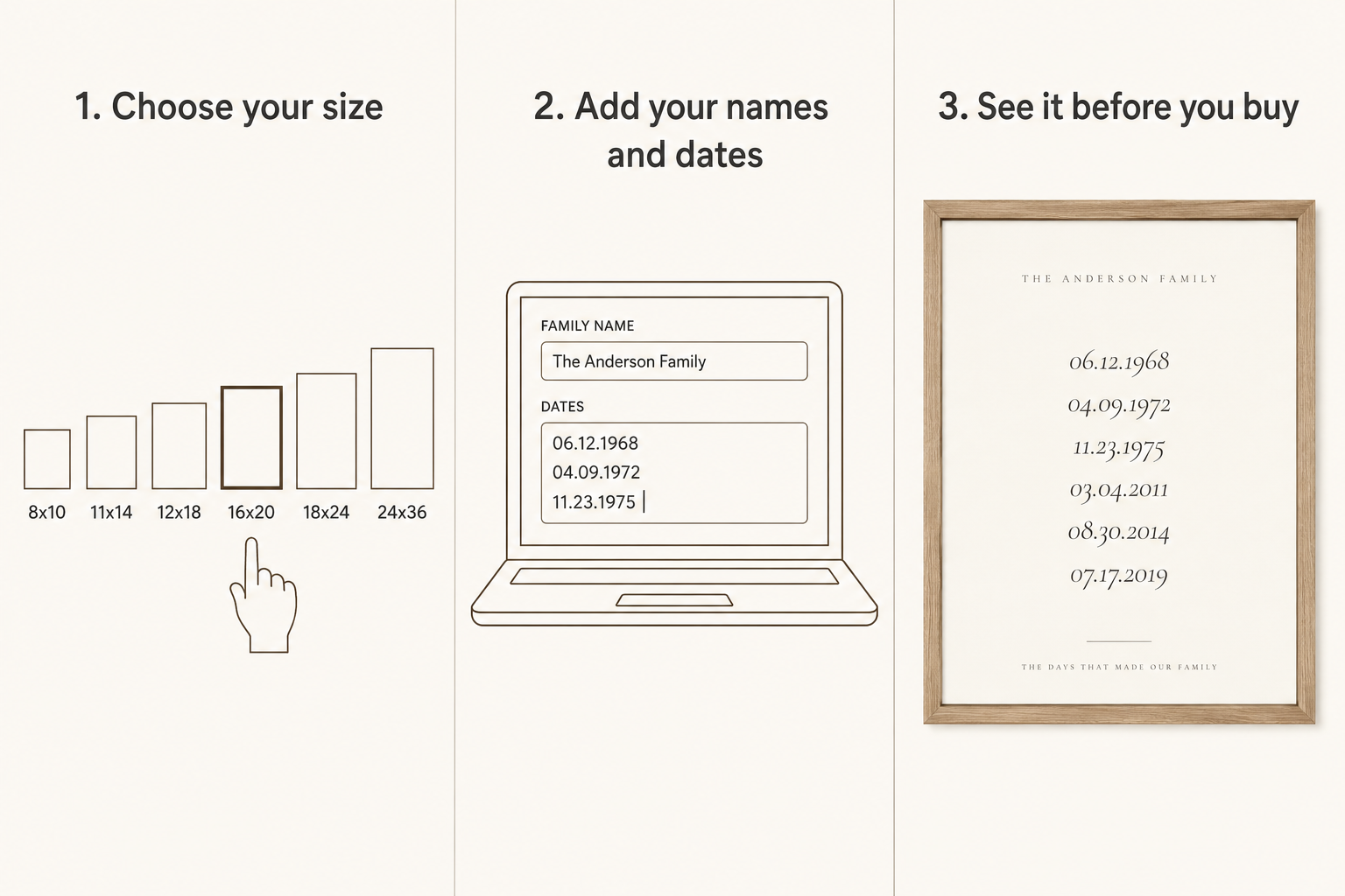 Three steps: choose your size, add your names and dates, see it before you buy