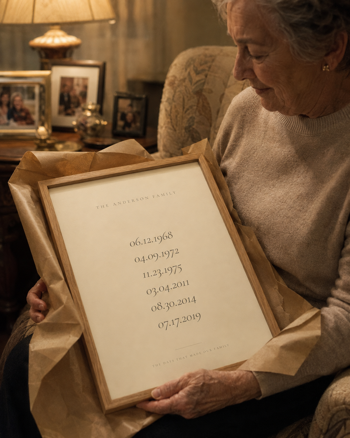A woman in her seventies unwrapping the framed family dates print as a gift