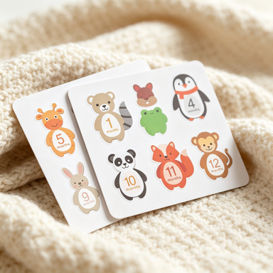 Close-up of the pastel animal illustrations on the baby milestone sticker cards