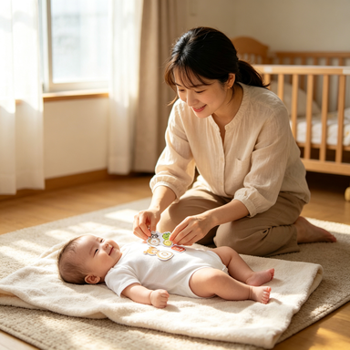 Mother placing a milestone sticker card beside her baby on a nursery blanket