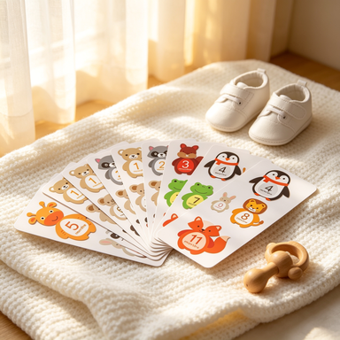 Baby monthly milestone sticker cards fanned out on a white knitted blanket with baby shoes