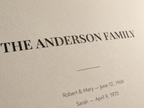 Close-up of the Monogram print showing the family surname and dates on matte archival paper
