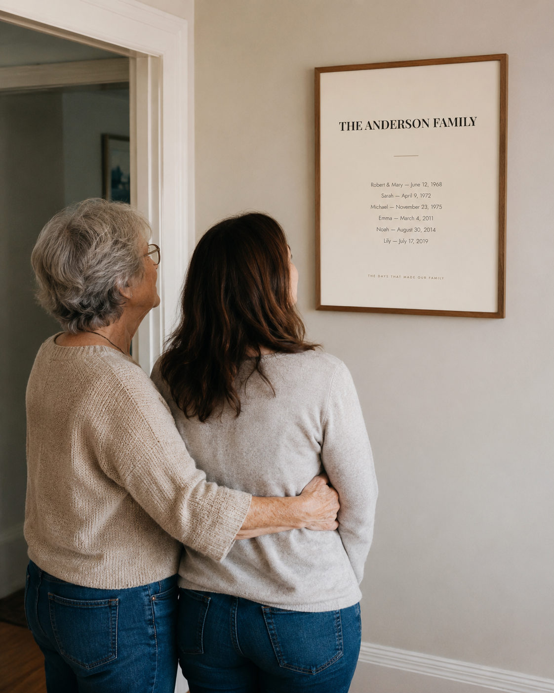 A mother and daughter looking at their newly hung family dates print