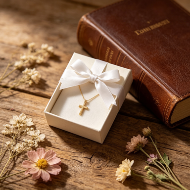 Gold cross necklace gift box with Bible