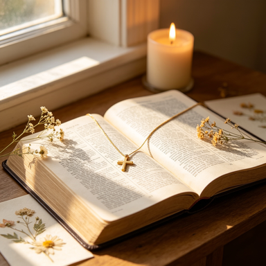 Gold cross necklace on Bible lifestyle