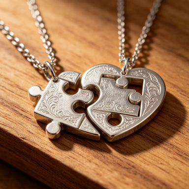 Close-up of interlocking puzzle heart pendants engraved detail