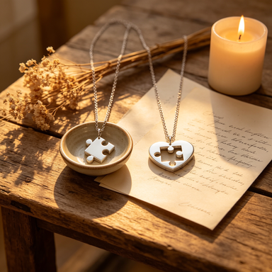 Puzzle heart necklaces on wooden table with handwritten letter and candle