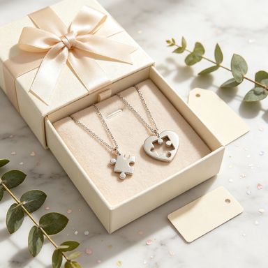 Puzzle heart necklace set in gift box with ribbon and eucalyptus
