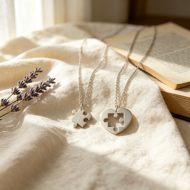 Puzzle heart matching necklace set on cream linen with dried lavender
