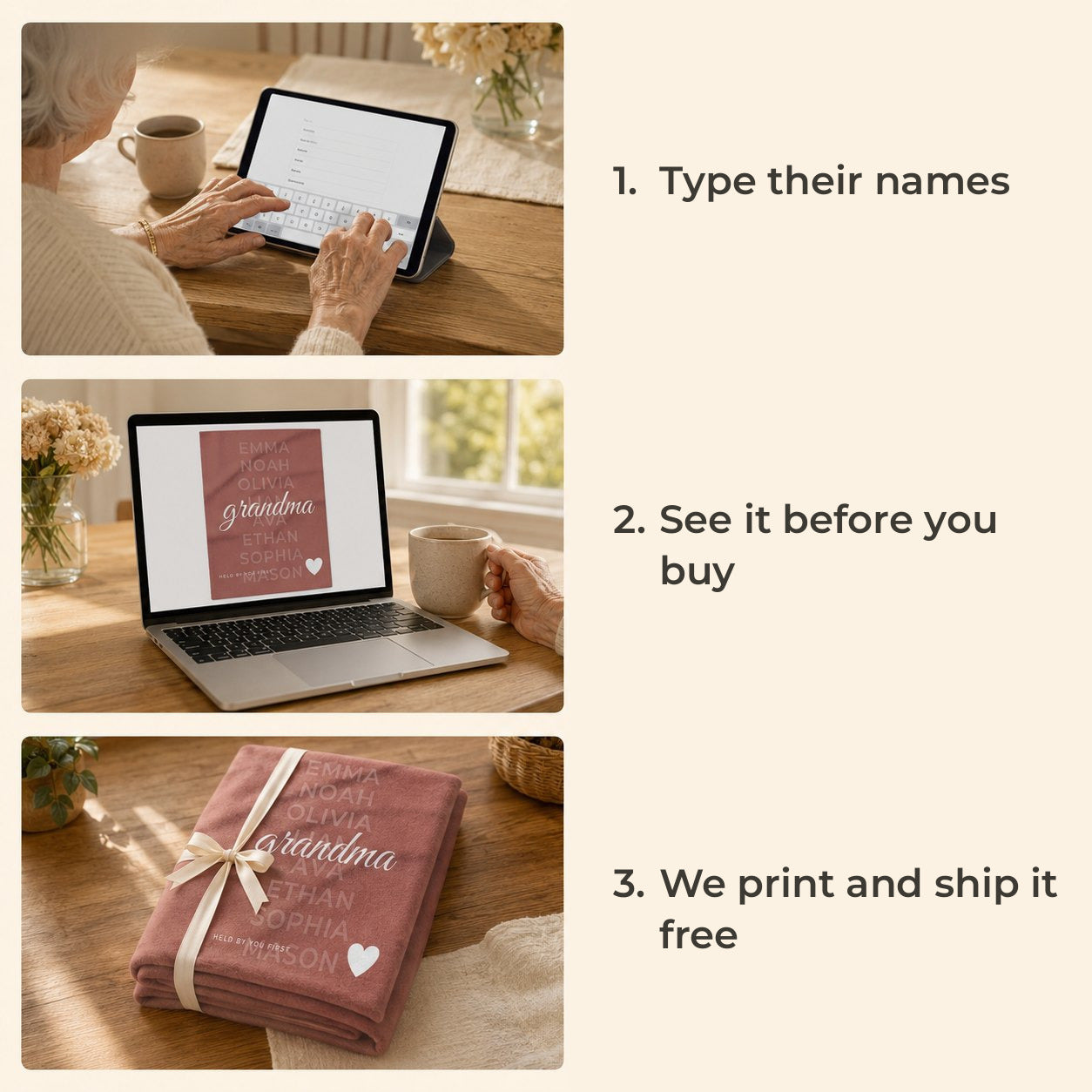 How it works: type their names, see it before you buy, we print and ship it free