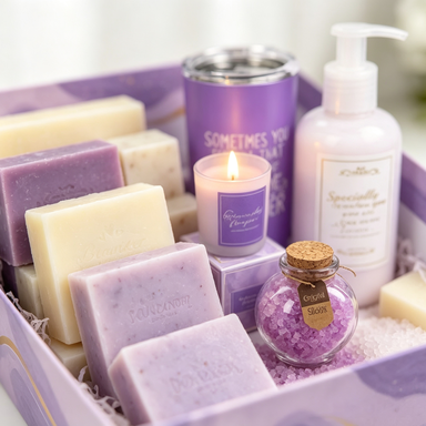 Lavender spa gift basket items close-up