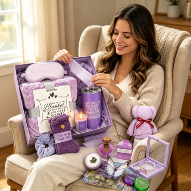 Woman unwrapping lavender spa gift basket