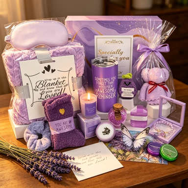 Lavender spa gift basket wrapped as a gift