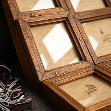 Close-up of distressed oak grain and beveled glass on the photo frame