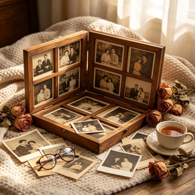 Photo frame with scattered family photographs, glasses and tea on a blanket