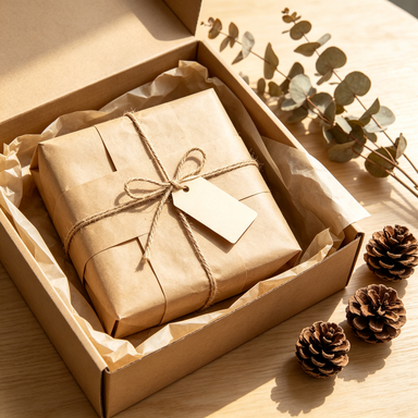 Wooden photo frame wrapped in kraft paper inside a gift box