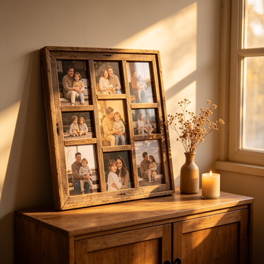 Vintage wooden multi-photo frame on a sideboard in warm afternoon light